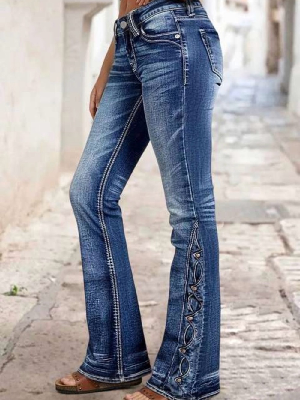 Women's Blue Embroidered Flare Jeans with Side Detail